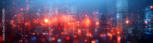 Bokeh Cityscape Blends with Data Visualization: Wide Angle View of Blurred Urban Skyline Transitioning to Sharp Colorful Data Imagery for Smart Cities and Tech Progress | Stock Photo Concept