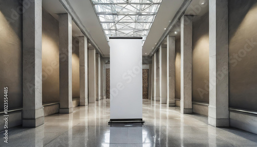 Empty art gallery interior with tall columns and natural light illuminating the central exhibition space