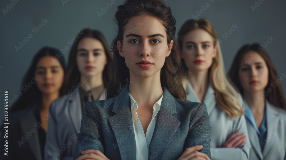 Empowered women in business attire stand confidently, showcasing strength and unity. Their expressions reflect determination and professionalism, embodying modern leadership Empowered women in business attire stand confidently, showcasing strength and unity. Their expressions reflect determination and professionalism, embodying modern leadership