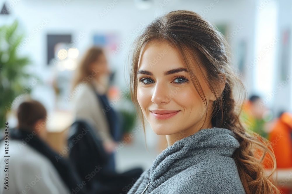 A cheerful young woman smiles warmly while sitting in a comfortable indoor space filled with greenery and bright furnishings. The relaxed atmosphere suggests a cozy gathering or casual meet up with fr A cheerful young woman smiles warmly while sitting in a comfortable indoor space filled with greenery and bright furnishings. The relaxed atmosphere suggests a cozy gathering or casual meet up with fr
