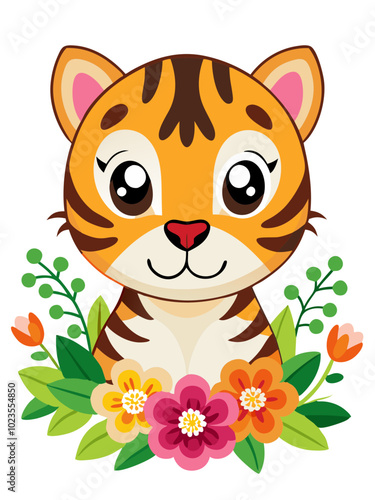 baby tiger with flowers, Bengal tiger illustration - vector illustration tiger, Bengal Tiger vector art isolated on white