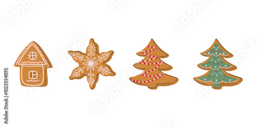 Christmas holiday gingerbread cookies collection. Cute set of Winter sweet homemade pastry. Sweet sugar glaze cookies, traditional xmas dessert. Hand drawn flat design vector illustration.