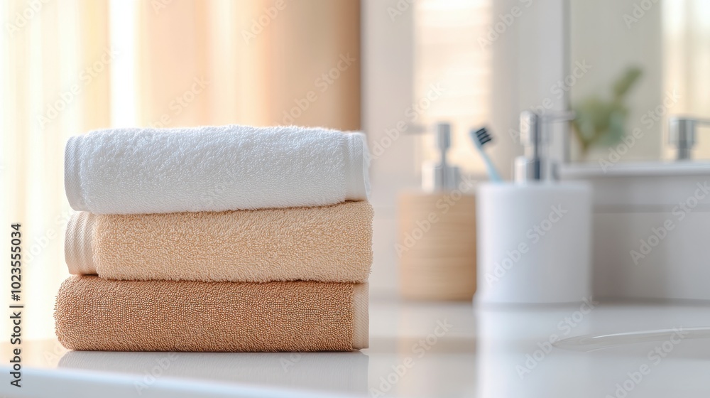 Cozy Stack of Plush Terry Towels in Neutral Tones on Bathroom Counter with Blurred Background Cozy Stack of Plush Terry Towels in Neutral Tones on Bathroom Counter with Blurred Background