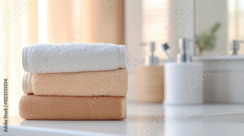 Cozy Stack of Plush Terry Towels in Neutral Tones on Bathroom Counter with Blurred Background