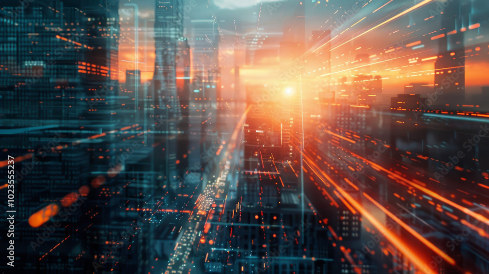 A vibrant cityscape at sunset, showcasing dynamic blend of skyscrapers and glowing lights. scene captures essence of urban life, with streaks of light symbolizing movement and energy A vibrant cityscape at sunset, showcasing dynamic blend of skyscrapers and glowing lights. scene captures essence of urban life, with streaks of light symbolizing movement and energy