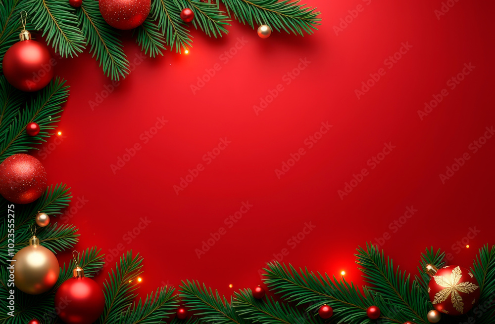 Spruce branches and glass spruce balls on a red background. Place for the text Spruce branches and glass spruce balls on a red background. Place for the text
