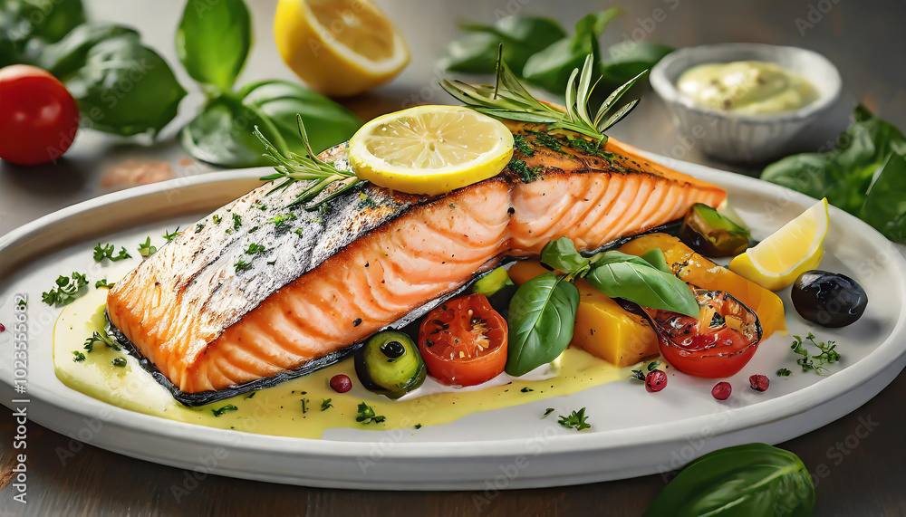 Grilled salmon fillet garnished with lemon and herbs served with roasted vegetables in a cozy dining setting Grilled salmon fillet garnished with lemon and herbs served with roasted vegetables in a cozy dining setting