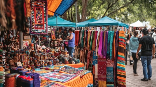 Visitors browse unique handmade crafts and textiles at an outdoor market on a sunny day