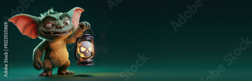 halloween banner 3d cartoon illustration gremlin with a skull latern