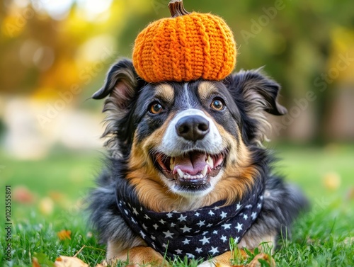 Cheerful dog with stars bandana balancing knitted pumpkin on head lying on green grass photo