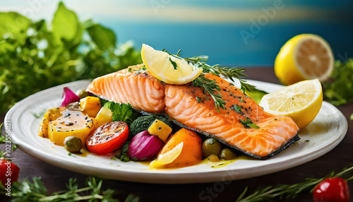 Grilled salmon fillet garnished with lemon and herbs served with colorful vegetables on a rustic table by the beach photo