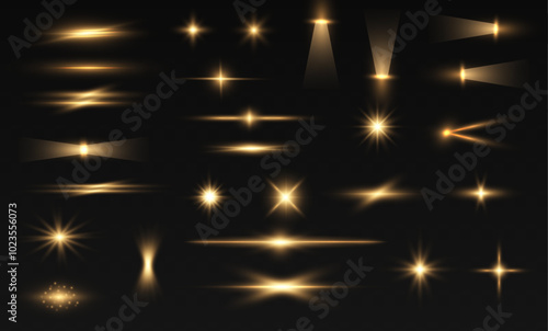 Set of sun light stars with golden rays on transparent background with dust effect. Glow light star, yellow sun rays, gold glare bokeh. Flare with golden rays of light and magic sparkles. 