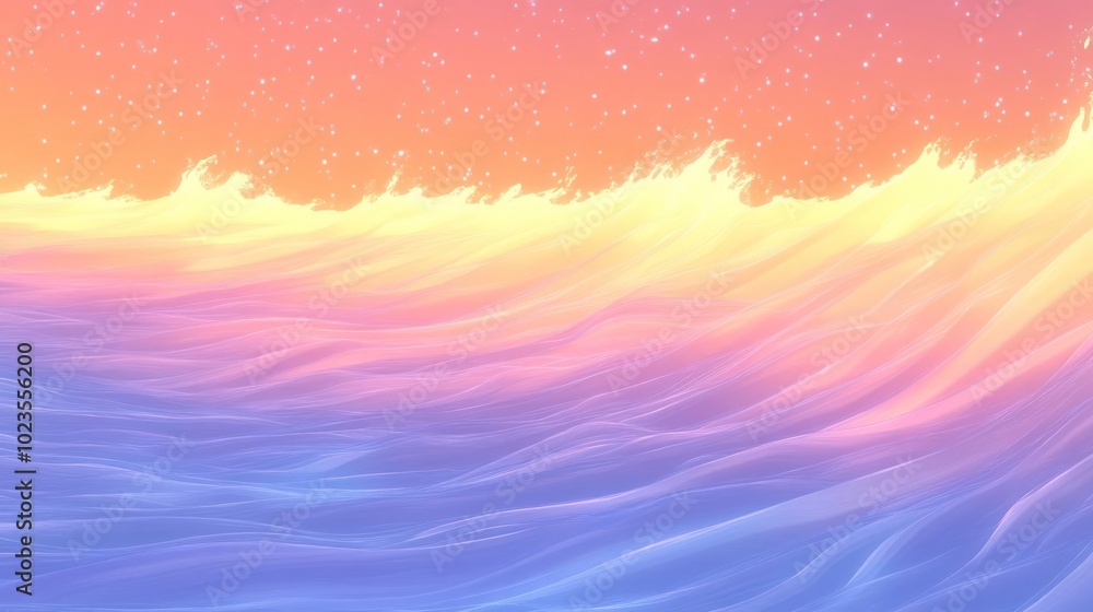 A serene digital illustration of waves under a colorful sky, evoking tranquility and beauty. A serene digital illustration of waves under a colorful sky, evoking tranquility and beauty.