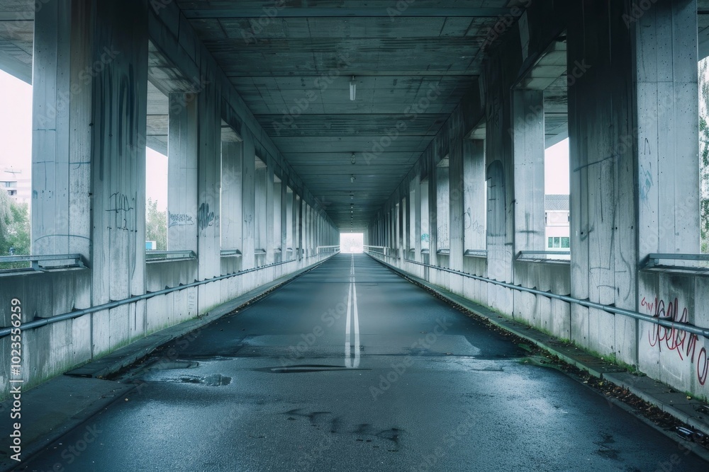 Empty road with puddles leading towards the light at the end of a desolate urban tunnel Empty road with puddles leading towards the light at the end of a desolate urban tunnel