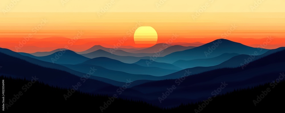 Fototapeta premium Stunning mountain sunset with vibrant hues and layered silhouettes.