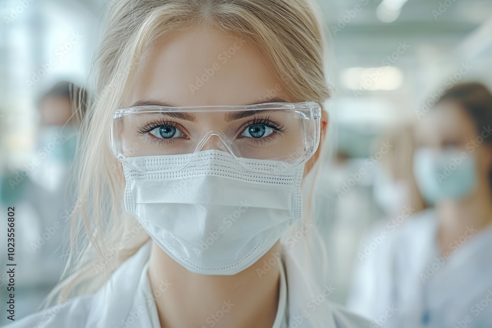 A young woman in a lab coat and protective eyewear is focused on her work in a hospital environment. Her expression reflects dedication as she joins other medical staff in providing care during a busy A young woman in a lab coat and protective eyewear is focused on her work in a hospital environment. Her expression reflects dedication as she joins other medical staff in providing care during a busy