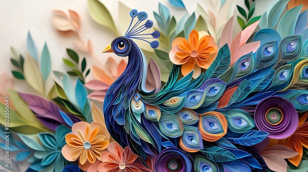 Multicolored paper cut peacock with intricate feather details in radiant blues, greens, and purples, paper cut peacock, colorful elegance Multicolored paper cut peacock with intricate feather details in radiant blues, greens, and purples, paper cut peacock, colorful elegance