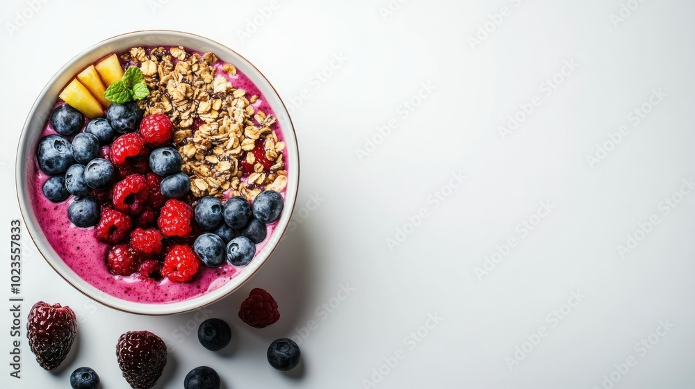 A Bowl of Acai Smoothie with Raspberries, Blueberries, Granola, and Peach Slices A Bowl of Acai Smoothie with Raspberries, Blueberries, Granola, and Peach Slices