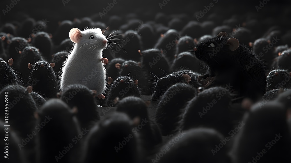 Obraz premium A white mouse and a black mouse face each other amidst a dark, fuzzy landscape, creating a striking contrast and an engaging visual narrative.