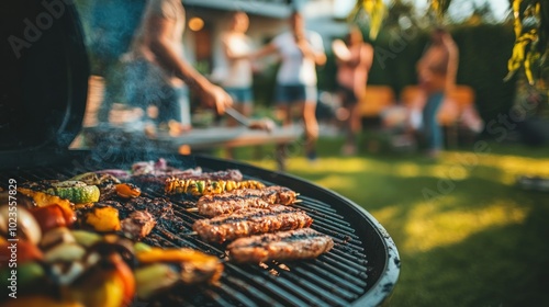 Close-up of Grilling Food with Blurred People in Background photo