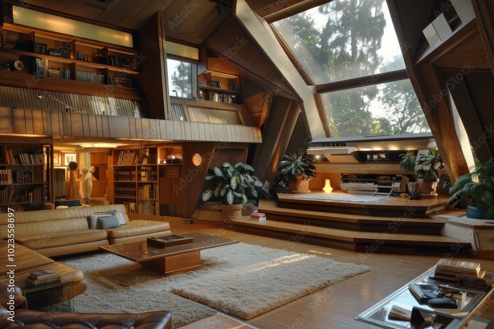 Sunlight streaming through large windows illuminating an expansive, luxurious living room with a modern and geometric design Sunlight streaming through large windows illuminating an expansive, luxurious living room with a modern and geometric design