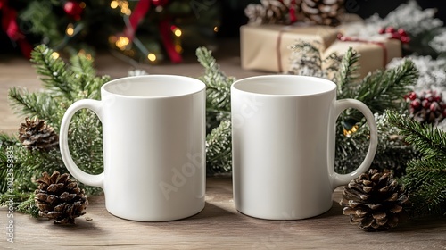 Wallpaper Mural Two blank white mugs are surrounded by pinecones and festive greenery, creating a warm, cozy holiday atmosphere. Torontodigital.ca