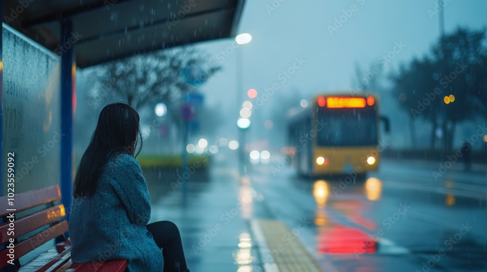 Girl sitting at a bus stop on a rainy day Girl sitting at a bus stop on a rainy day
