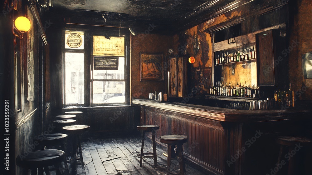 Fototapeta premium A rustic bar interior with wooden furnishings and a vintage atmosphere.