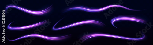 Abstract vector fire circles, sparkling swirls and energy light spiral frames. Light and stripes moving fast over dark background.	