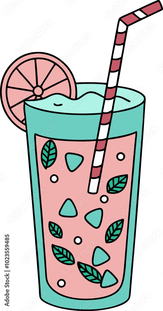 Refreshing iced mint lemonade with a striped straw in a colorful art style Refreshing iced mint lemonade with a striped straw in a colorful art style
