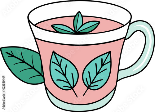 Herbal tea illustration with mint leaves in a decorative cup