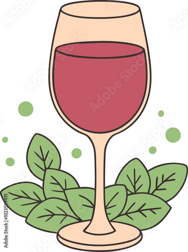 Wine glass with red liquid and green leaves in a minimalist style