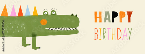 Cute Birthday Card with Funny Alligator. Happy Green Crocodile and Handwritten "Happy Birthday" Wishes on a Beige Background. Nursery Art with Friendly Alligator. Cool Crocodile. 