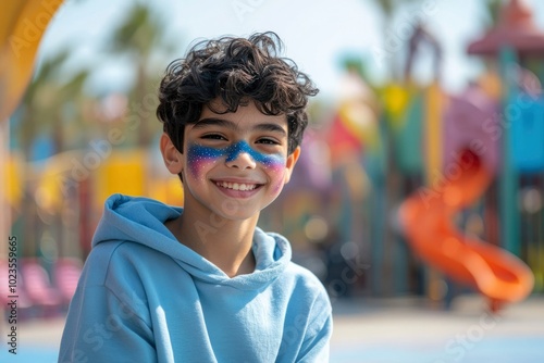 Fototapeta Naklejka Na Ścianę i Meble -  Portrait of a smiling boy with galaxy-themed face paint