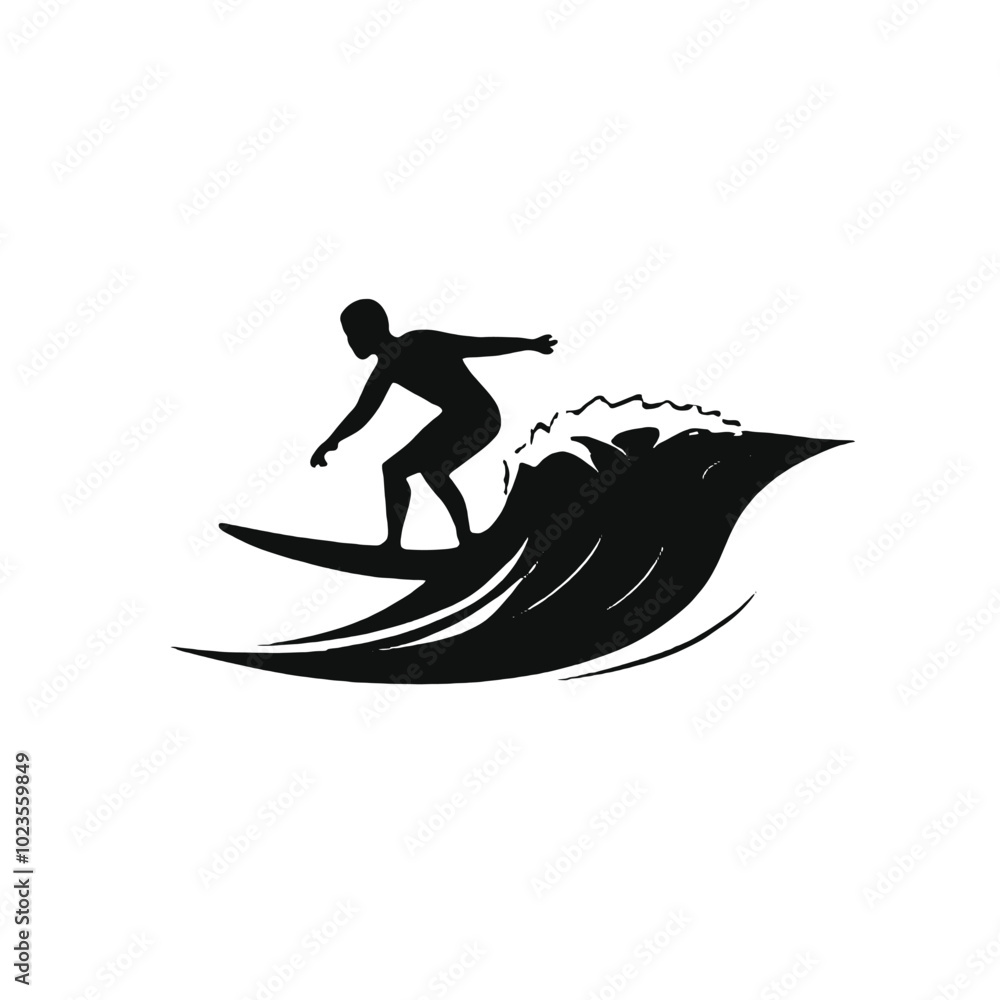 A surfer riding a large wave, vector silhouette, white background A surfer riding a large wave, vector silhouette, white background