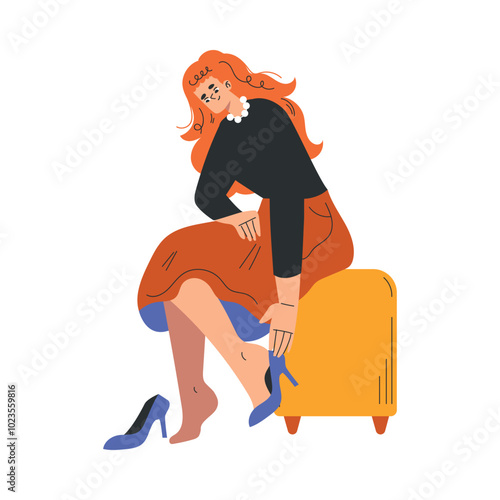 Woman Character Dress Up Put On Heeled Shoes Vector Illustration