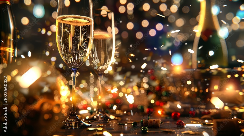 Sparkling Celebration New Years Eve Champagne Toast with Glittering Confetti and Festive Atmosphere Sparkling Celebration New Years Eve Champagne Toast with Glittering Confetti and Festive Atmosphere