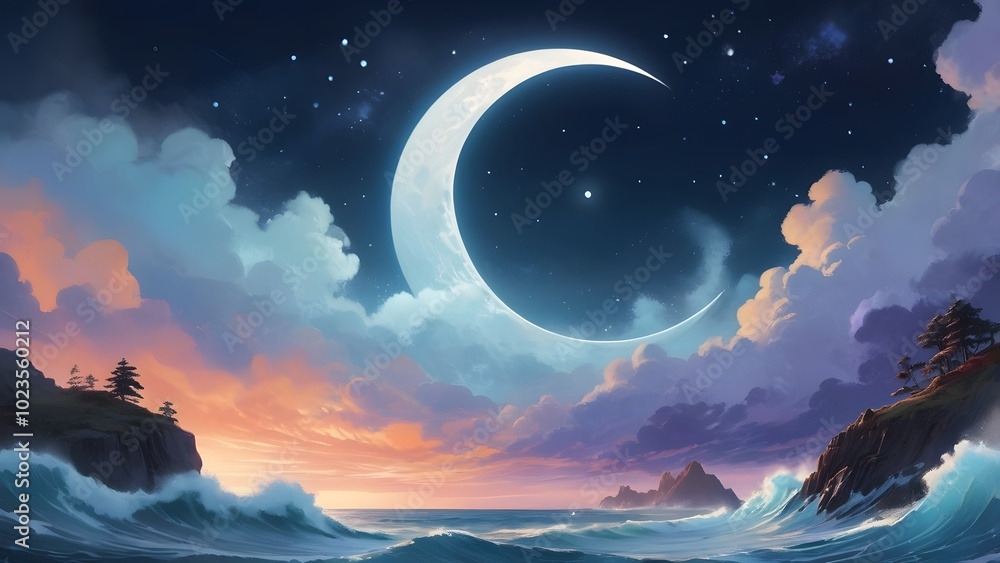 Moonlit Ocean Waves Under a Starry Sky, Capturing Tranquil Nighttime Serenity and the Magic of Nature’s Timeless Beauty in a Dreamlike Coastal Landscape. Moonlit Ocean Waves Under a Starry Sky, Capturing Tranquil Nighttime Serenity and the Magic of Nature’s Timeless Beauty in a Dreamlike Coastal Landscape.