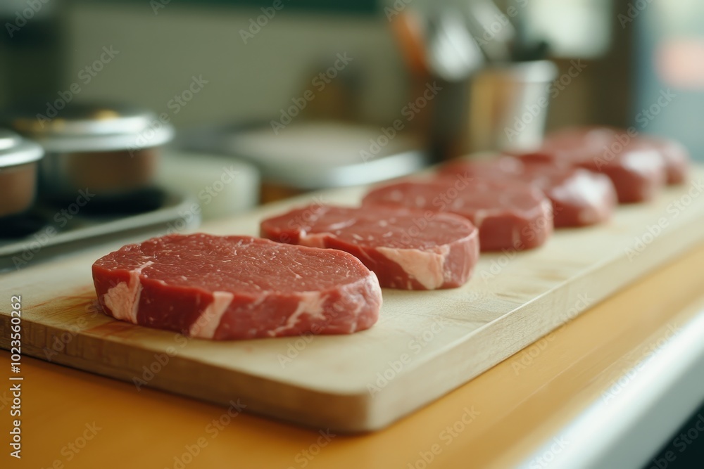 Fresh Raw Beef Cuts on Butcher's Table with Meat Preparation Tools Fresh Raw Beef Cuts on Butcher's Table with Meat Preparation Tools