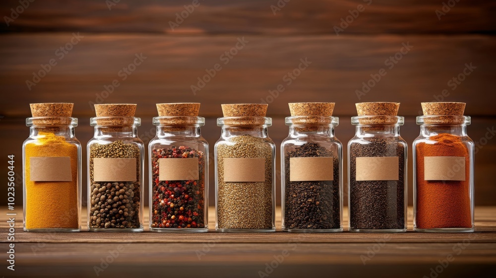 Spices in Glass Jars with Cork Lids on Wooden Table Spices in Glass Jars with Cork Lids on Wooden Table