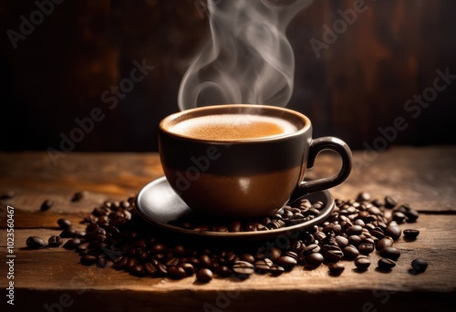 close capture hot coffee cup overflowing steam surrounded raw coffee beans rustic wooden surface, barista, brown, brew, brewing, caffeine, dark, decoration