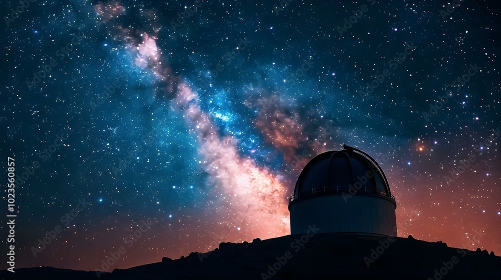 Celestial Observatory: A majestic observatory silhouetted against a breathtaking backdrop of the Milky Way galaxy, stars, and vibrant night sky. The scene evokes a sense of wonder and exploration. Celestial Observatory: A majestic observatory silhouetted against a breathtaking backdrop of the Milky Way galaxy, stars, and vibrant night sky. The scene evokes a sense of wonder and exploration.