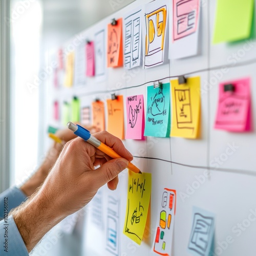 Brainstorming Session with Sticky Notes on Whiteboard for Collaborative Problem Solving and Workflow Organization