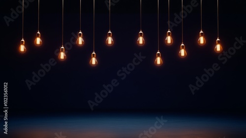 Row of glowing Edison bulbs on black background