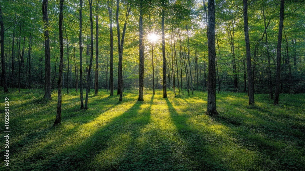 Obraz premium Sunlight shines through the trees in a lush forest.