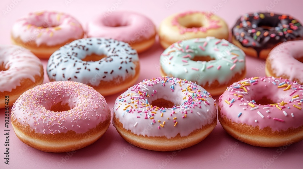 A row of colorful donuts with sprinkles on top A row of colorful donuts with sprinkles on top