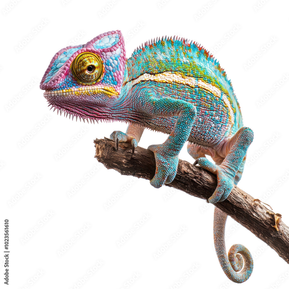 Fototapeta premium Colorful chameleon perched on a branch, showcasing its ability to change colors. isolated on transparency background