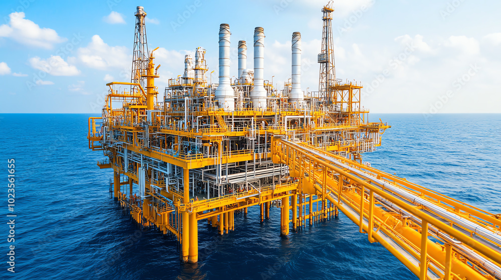 Offshore oil rig in the ocean, showcasing structure and technology used for energy extraction and production, with a clear blue sky in the background. Offshore oil rig in the ocean, showcasing structure and technology used for energy extraction and production, with a clear blue sky in the background.