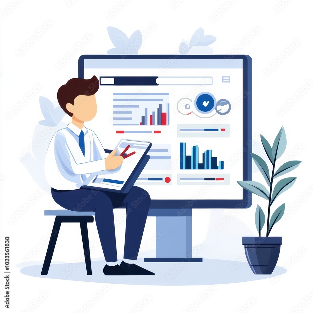 Businessman Analyzing Data Presentation on Computer Display in Office Businessman Analyzing Data Presentation on Computer Display in Office