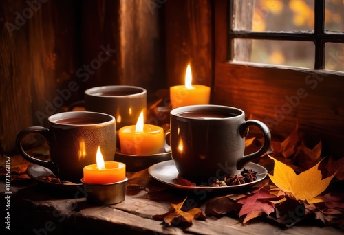 Wallpaper Mural warm cozy mugs filled hot beverages dash spices perfect relaxation setting, warmth, comfort, drink, tea, coffee, chai, cinnamon, nutmeg, herbal, ceramic Torontodigital.ca